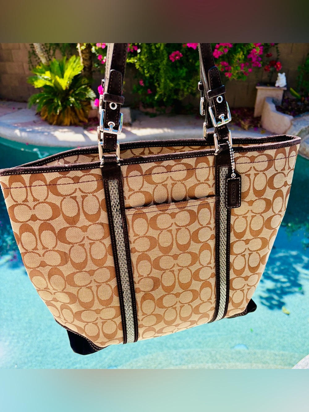 Coach 2005 Lg Signature Gallery Canvas Suede Beaded Tote #8K53 Khaki/Brown EUC